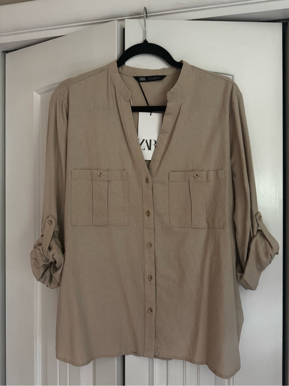 Zara Light Tan V-Neck Button Shirt